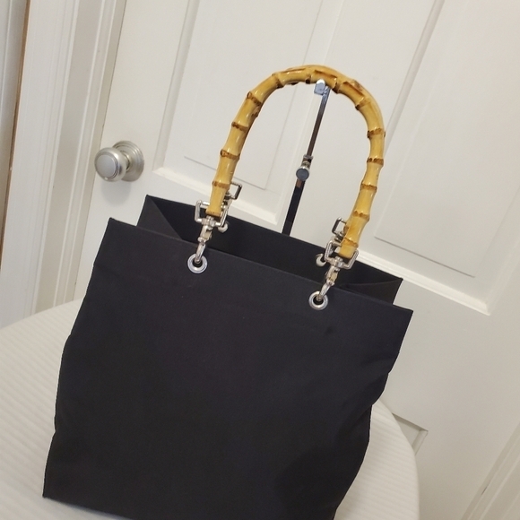 Sunny Hawaii Black Canvas Tote With Bamboo Handles, Lightweight, open top - Picture 3 of 10